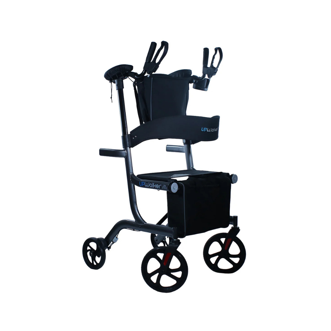 The Journey UPWalker Premium Lite Upright Rolling Walker in Dark Silver features four wheels, ergonomic handles, a storage pouch, and a padded backrest for enhanced comfort and reliable mobility support.